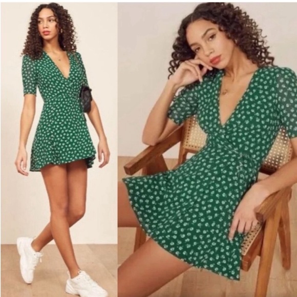 Reformation Dresses & Skirts - Reformation Lucky mini wrap dress emerald green white floral size S.